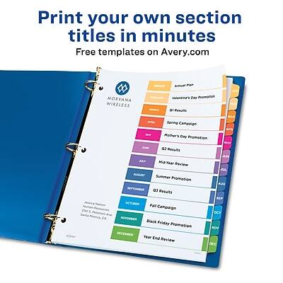 Print your own section titles in minutes  
Free templates on Avery.com  

D MORVANA WIRELESS  

Annual Plan  
Valentine's Day Promotion  
Q1 Results  
Spring Campaign  
Mother's Day Promotion  
Q2 Results  
Mid-Year Review  
Summer Promotion  
Q3 Results  
Fall Campaign  
Black Friday Promotion  
Year End Review  

JUN  
JUL  
AUG  
SEP  
OCT  
NOV  
DEC