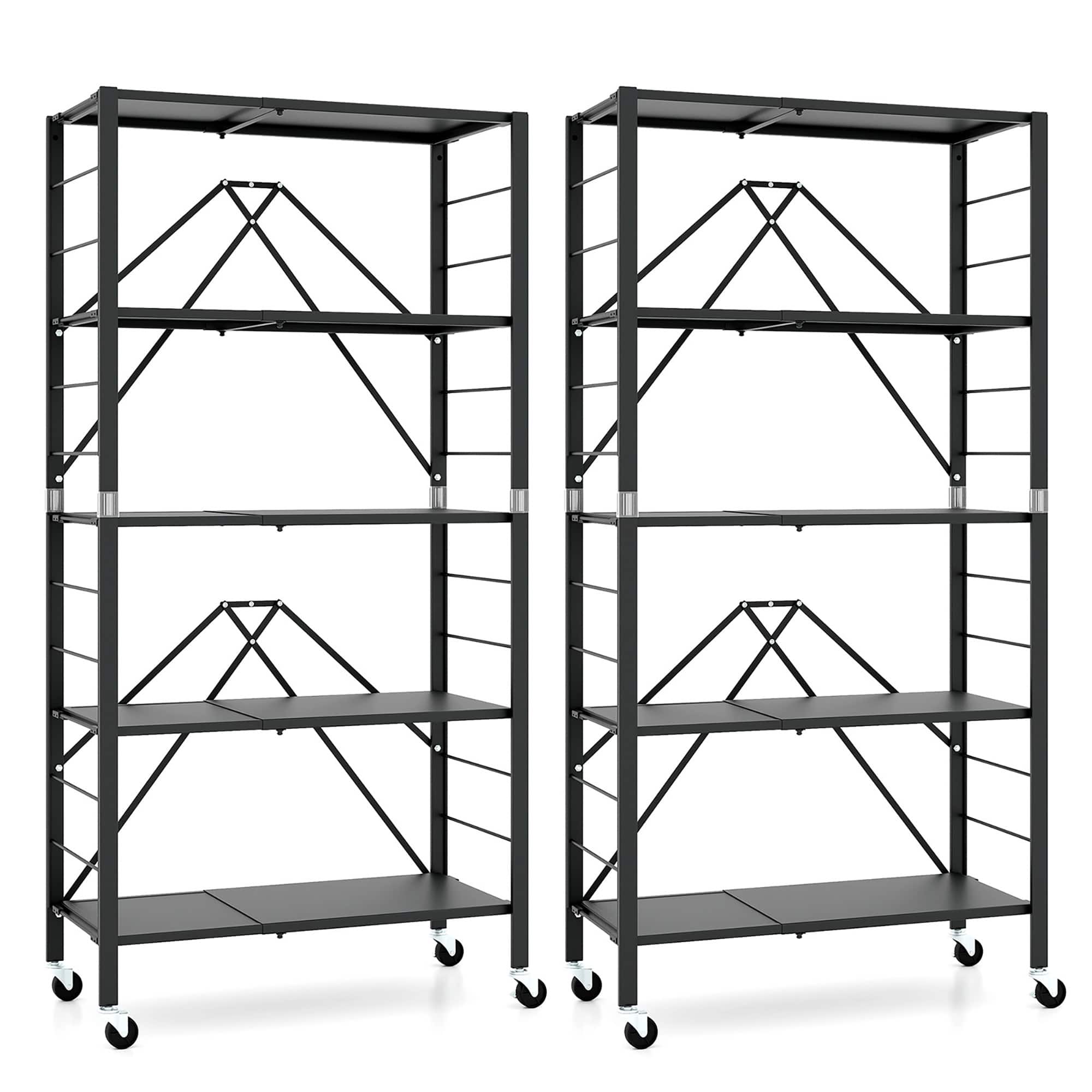Gymax - 2PCS Foldable Storage Shelf w/ Wheels Adjustable Shelves Metal Shelving Unit - Black
