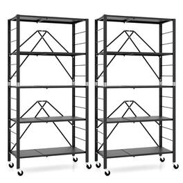 Gymax - 2PCS Foldable Storage Shelf w/ Wheels Adjustable Shelves Metal Shelving Unit - Black
