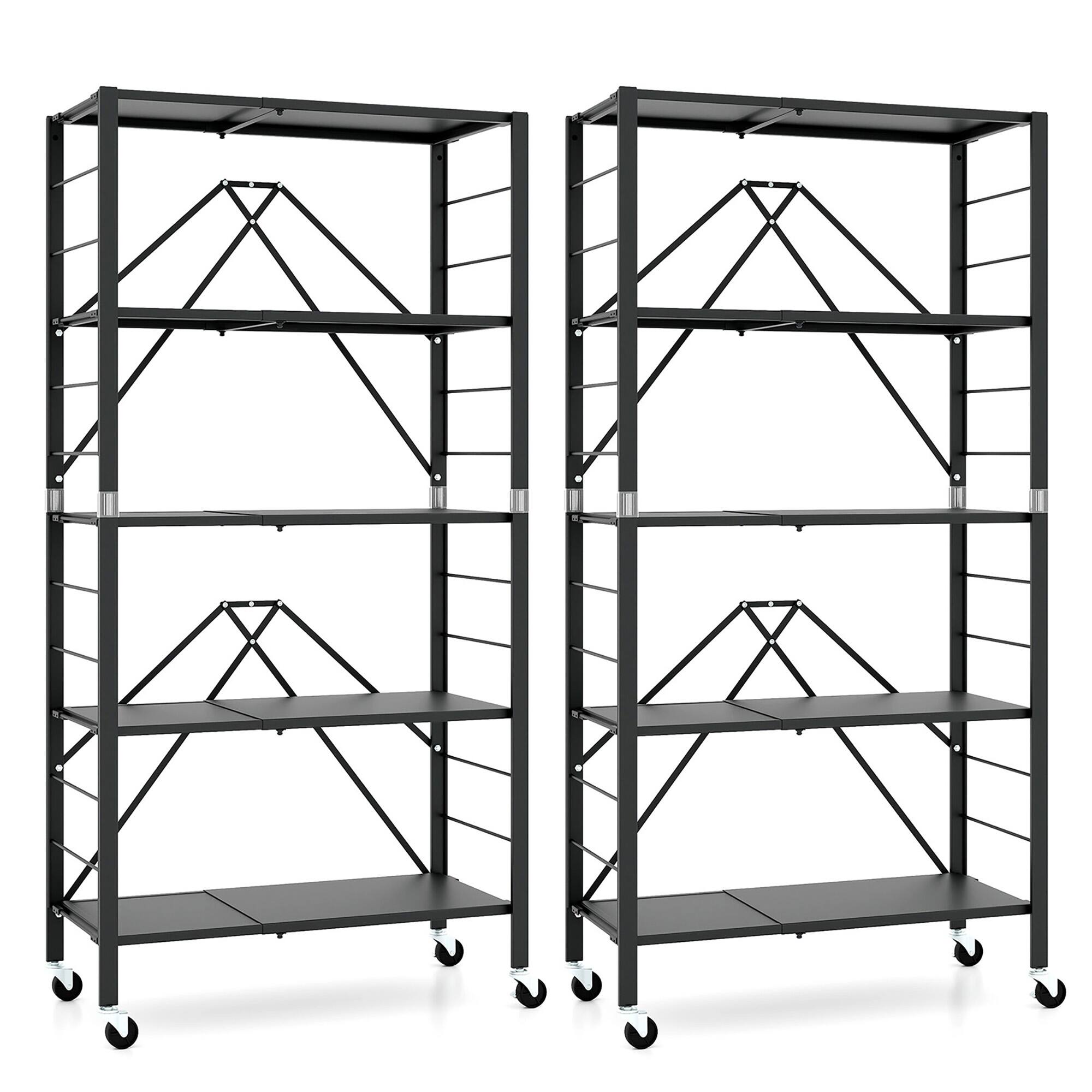 Front. Gymax - Gymax 2PCS Foldable Storage Shelf w/ Wheels Adjustable Shelves Metal Shelving Unit - Black.