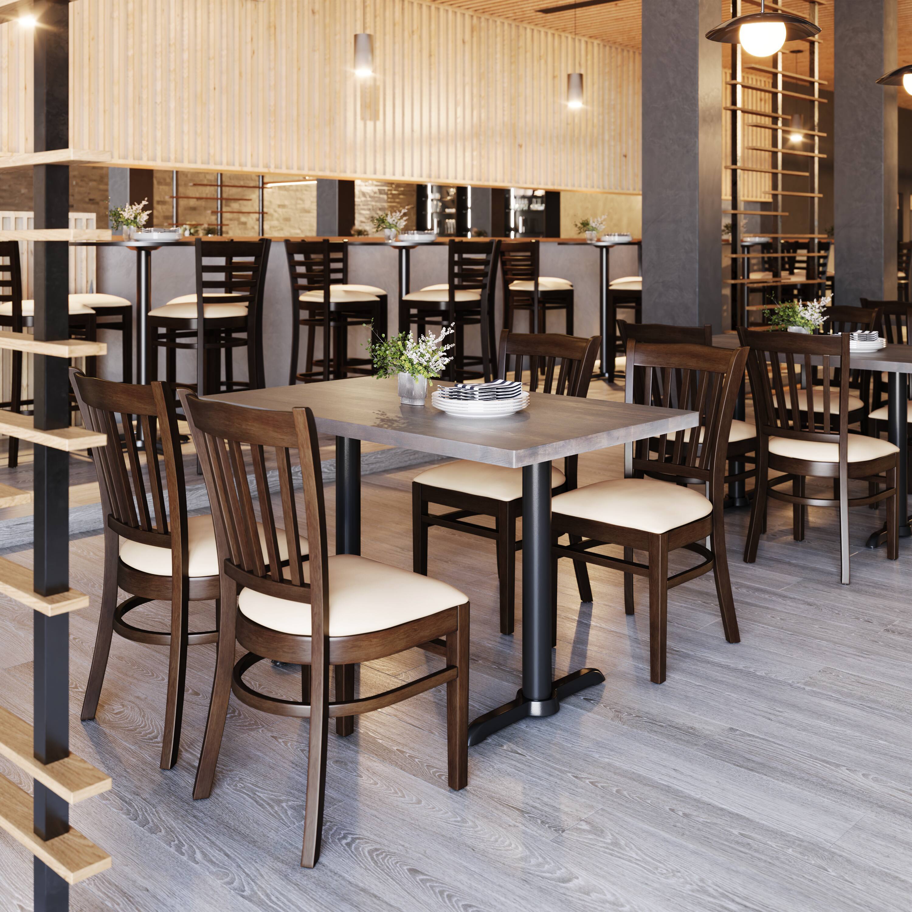 Alt View 1. Emma + Oliver - Vertical Slat Back Wooden Restaurant Dining Chair - Tan Vinyl Seat/Walnut Wood Frame.