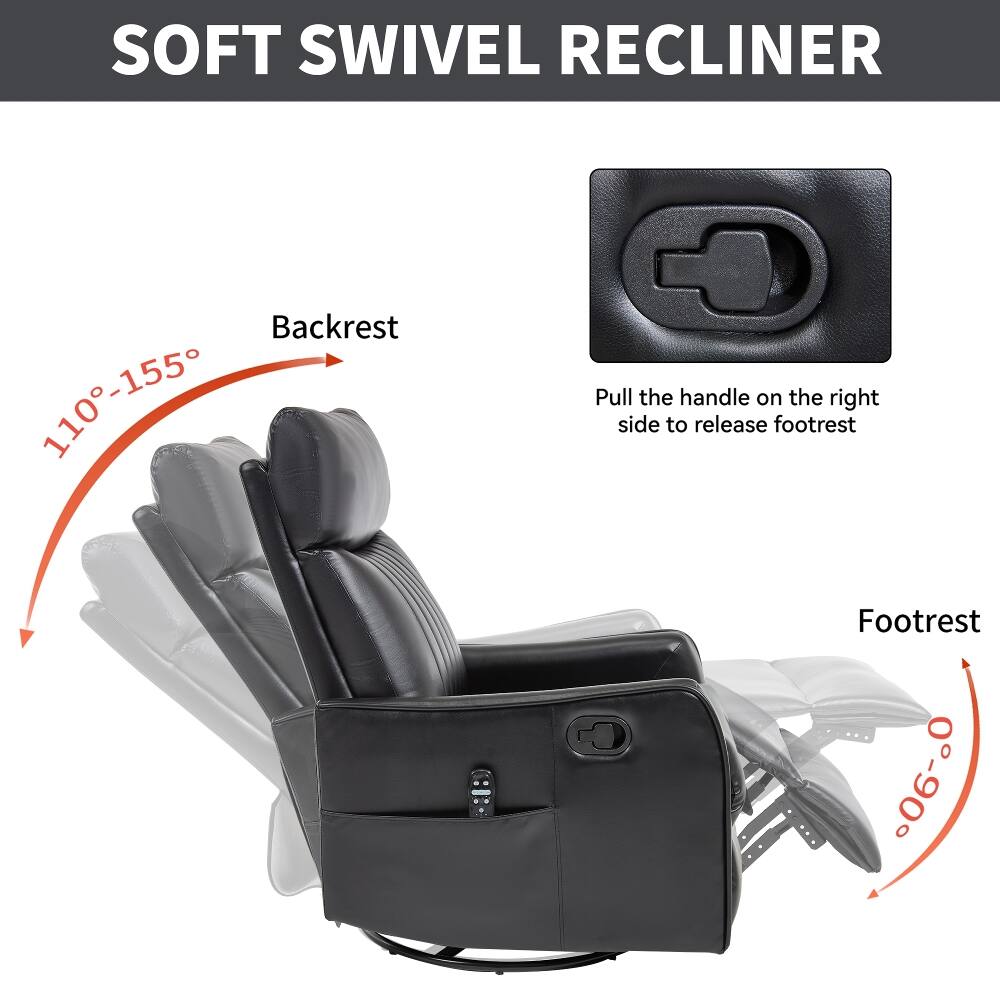 SOFT SWIVEL RECLINER

Backrest 110-155°

Pull the handle on the right side to release footrest

Footrest 0-90°
