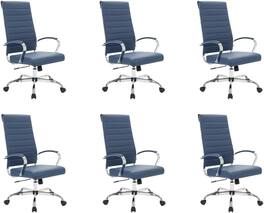 LeisureMod - Set of 6 Benmar High Back Leather Executive Office Chair with Adjustable Height and Ribbed Design Seat & Backrest - Navy Blue