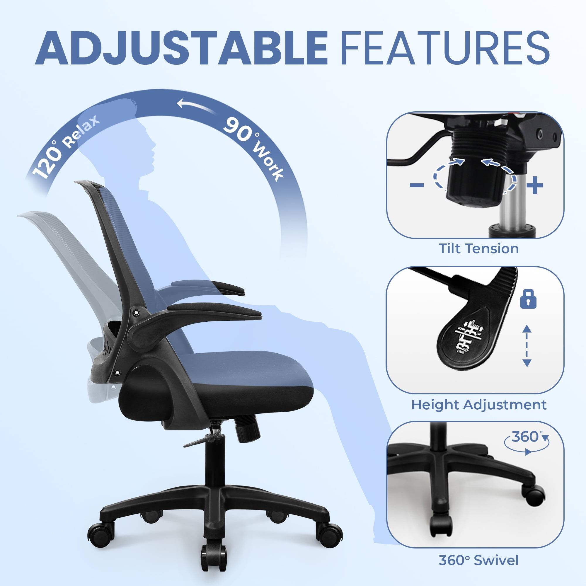 ADJUSTABLE FEATURES

- 120° Relax
- 90° Work
- Tilt Tension
- Height Adjustment
- 360° Swivel