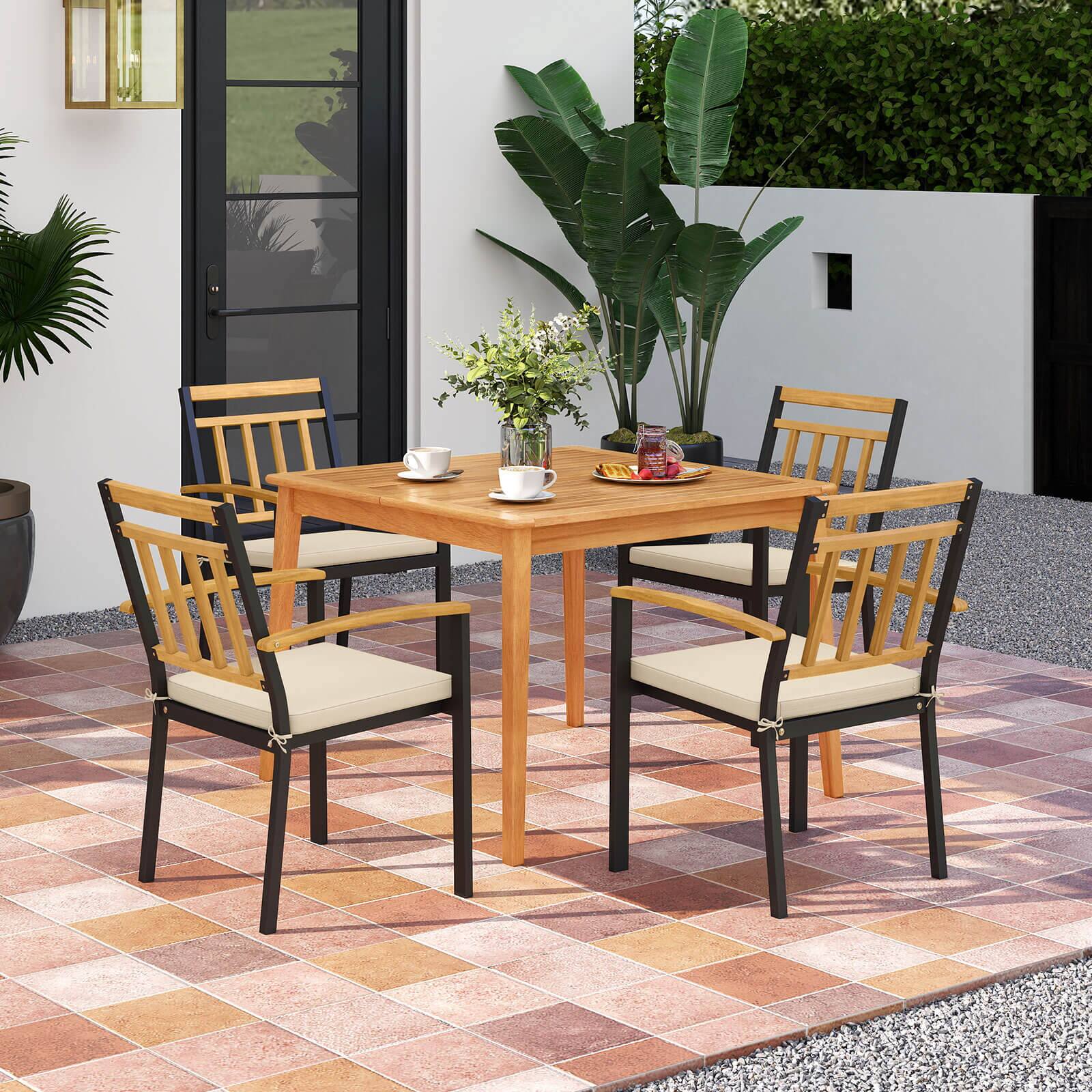 Alt View 1. Costway - Costway 5 PCS Patio Acacia Wood Dining Set with Soft Seat Cushions Umbrella Hole for Yard - Natural,Black.