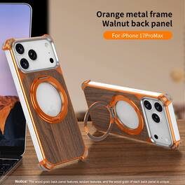 Dteck - Frameless Wood Grain Case for Apple iPhone 17 Pro Max, 360 Ring Kickstand Shockproof Protective Cover, Wireless Charging - Orange