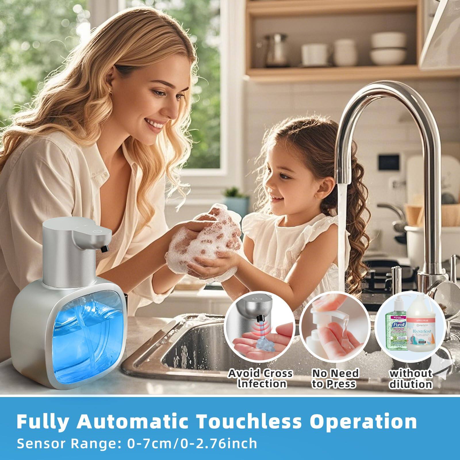 Fully Automatic Touchless Operation  
Sensor Range: 0-7cm/0-2.76inch  

Avoid Cross Infection  
No Need to Press  
without dilution