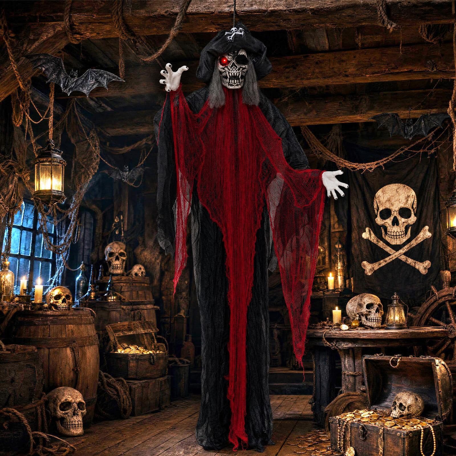 Costway - 9.4 Ft Skull Captain Animatronics with Glowing Eyes, Creepy Sounds, Sound Control - Multicolored