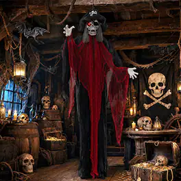 Costway - 9.4 Ft Skull Captain Animatronics with Glowing Eyes, Creepy Sounds, Sound Control - Multicolored