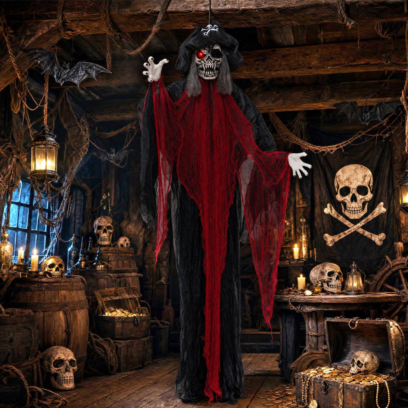 Front. Costway - Costway 9.4 Ft Skull Captain Animatronics with Glowing Eyes, Creepy Sounds, Sound Control - Multicolored.