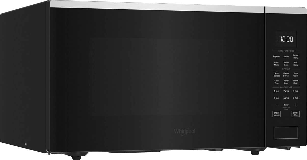 The text on the image reads:
12:20 AUTO FUNCTIONS Popcorn Potato Reheat Menu Cook Menu Soften Menu Meat Menu OPTIONS Auto Manual Defrost Defrost Keep Warm Cook Time Power Level Steam Clean QUICK START 1 min 2 min 3 min 4 min 5 min 6 min Timer Holo 1 Sett Clock + STOP UNLOCK START 30 - Whirlpool
This text describes the features and options available on the microwave oven. The auto functions include popcorn, potato, reheat, cook, and soften. The meat menu is also available for cooking specific types of meat. The options menu allows users to choose between auto and manual settings, defrost, defrost keep warm, cook time, power level, steam clean, and quick start. The timer and clock functions are also available for precise cooking times.