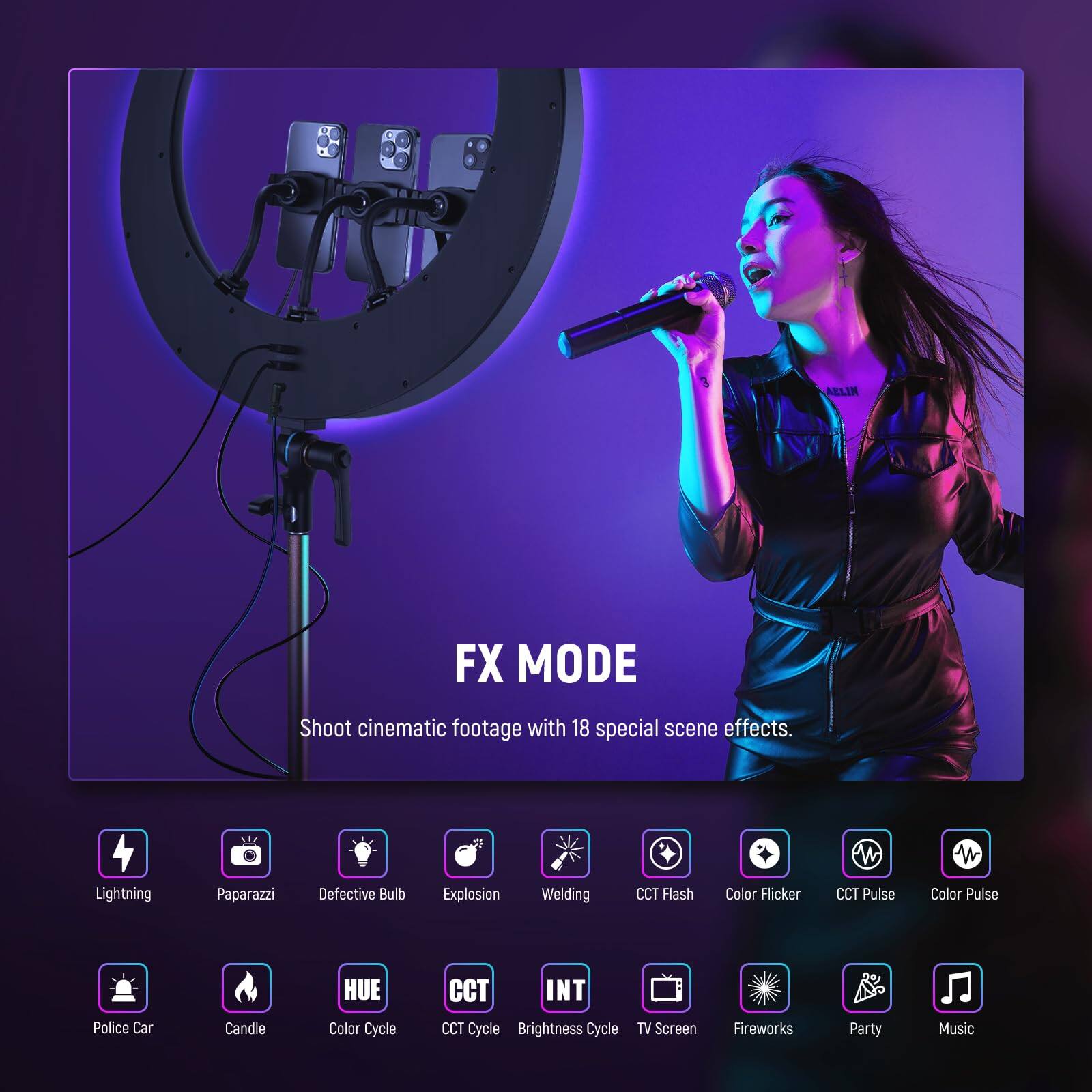 ALL IN FX MODE  
Shoot cinematic footage with 18 special scene effects.  
Lightning, Paparazzi, Defective Bulb, Explosion, Welding, CCT Flash, Color Flicker, CCT Pulse, Color Pulse, Police Car, Candle, HUE, Color Cycle, CCT INT, CCT Cycle, Brightness Cycle, TV Screen, Fireworks, Party, Music