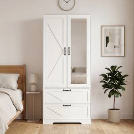 Z-Edge - Wooden Armoire Wardrobe with Mirror and 2 Drawers, 2 Doors, 71.7" Tall Freestanding Clothing Storage Cabinet for Bedroom - White