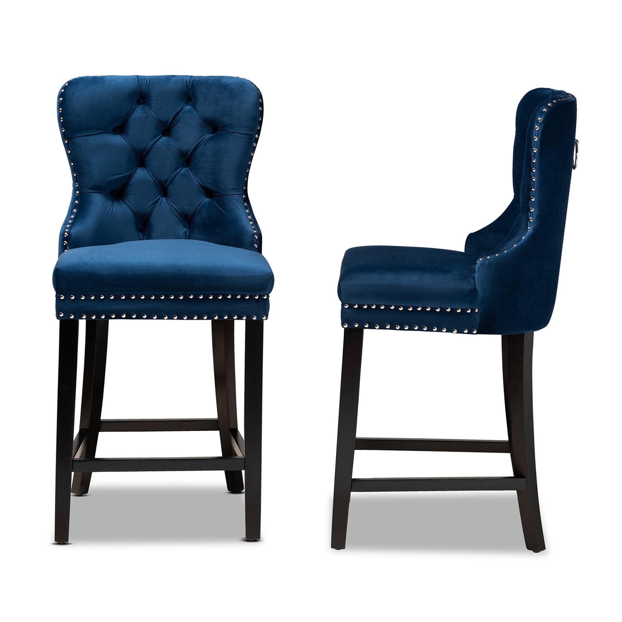 Left. Baxton Studio - Howell Modern Transitional Velvet Upholstered and Finished Wood 2-Piece Counter Stool Set - Navy blue/espresso brown.