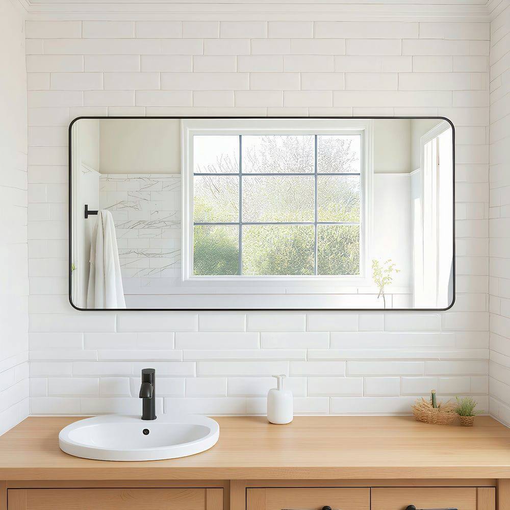 Alt View 6. Kadyn - 60x28 Inch Extra Large Rectangle Wall Mirror with Rounded Corners and Black Metal Frame - Black.