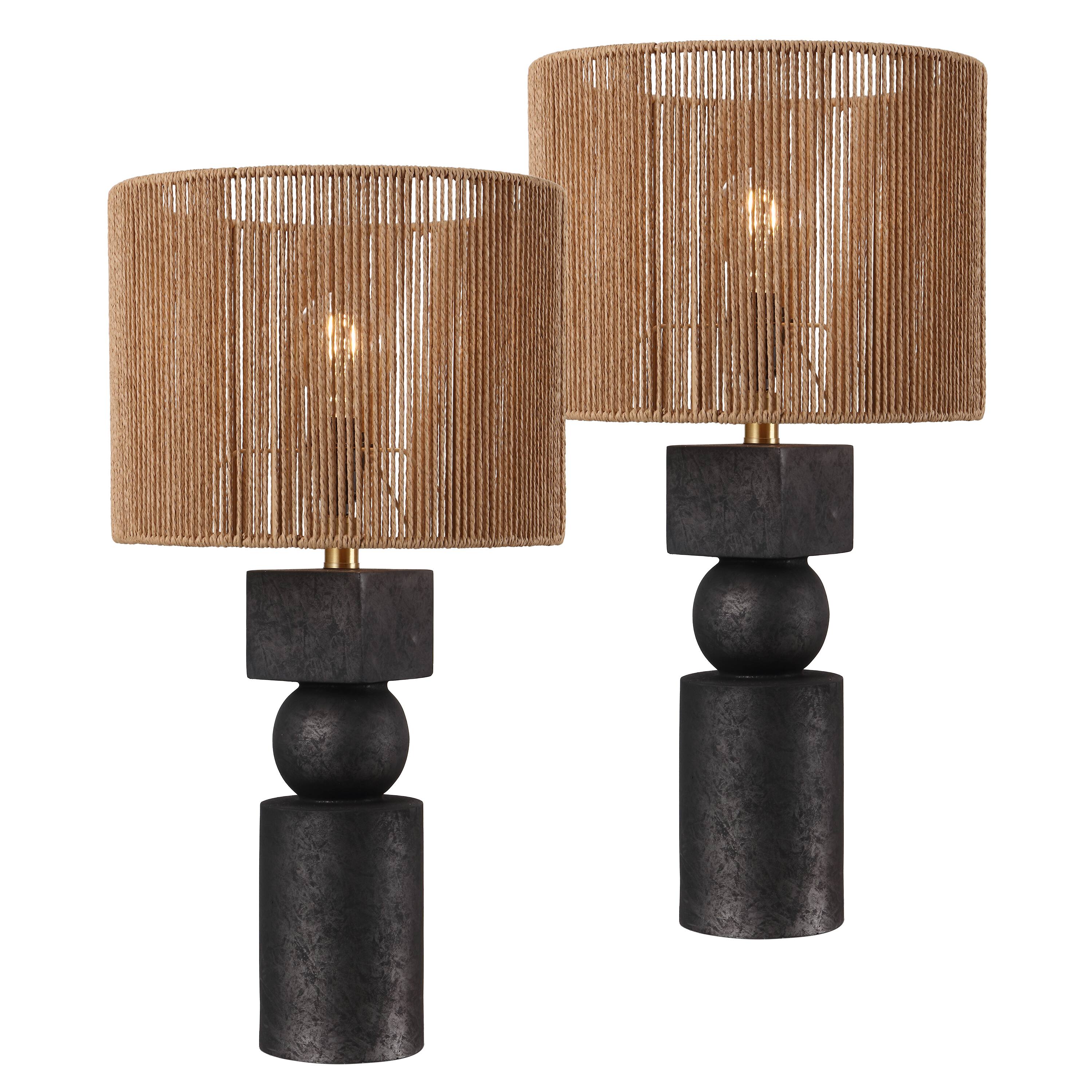 Front. Jonathan Y - Lilian 24.5 in. Bohemian Geometric Totem Resin with Hand-Woven Paper Rope Drum Shade LED Table Lamp, Black (Set of 2) - Black.
