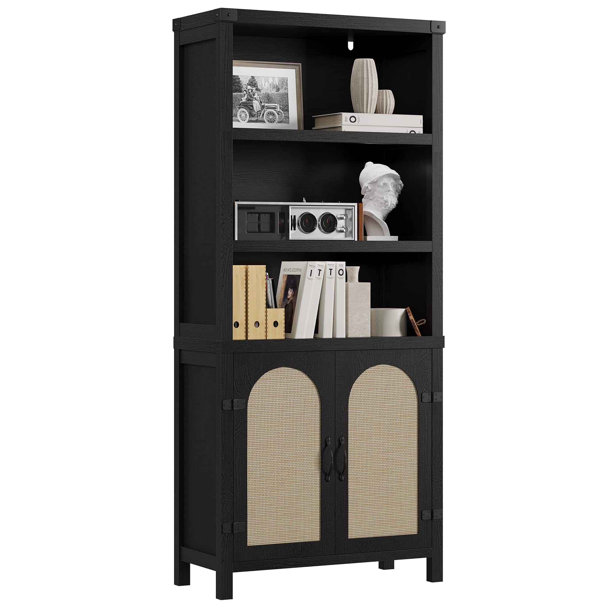 Homhougo - Farmhouse Bookshelves and Bookshelves with Door,70" High Bookshelves with Three Levels of Open Storage,Bookcases - Black