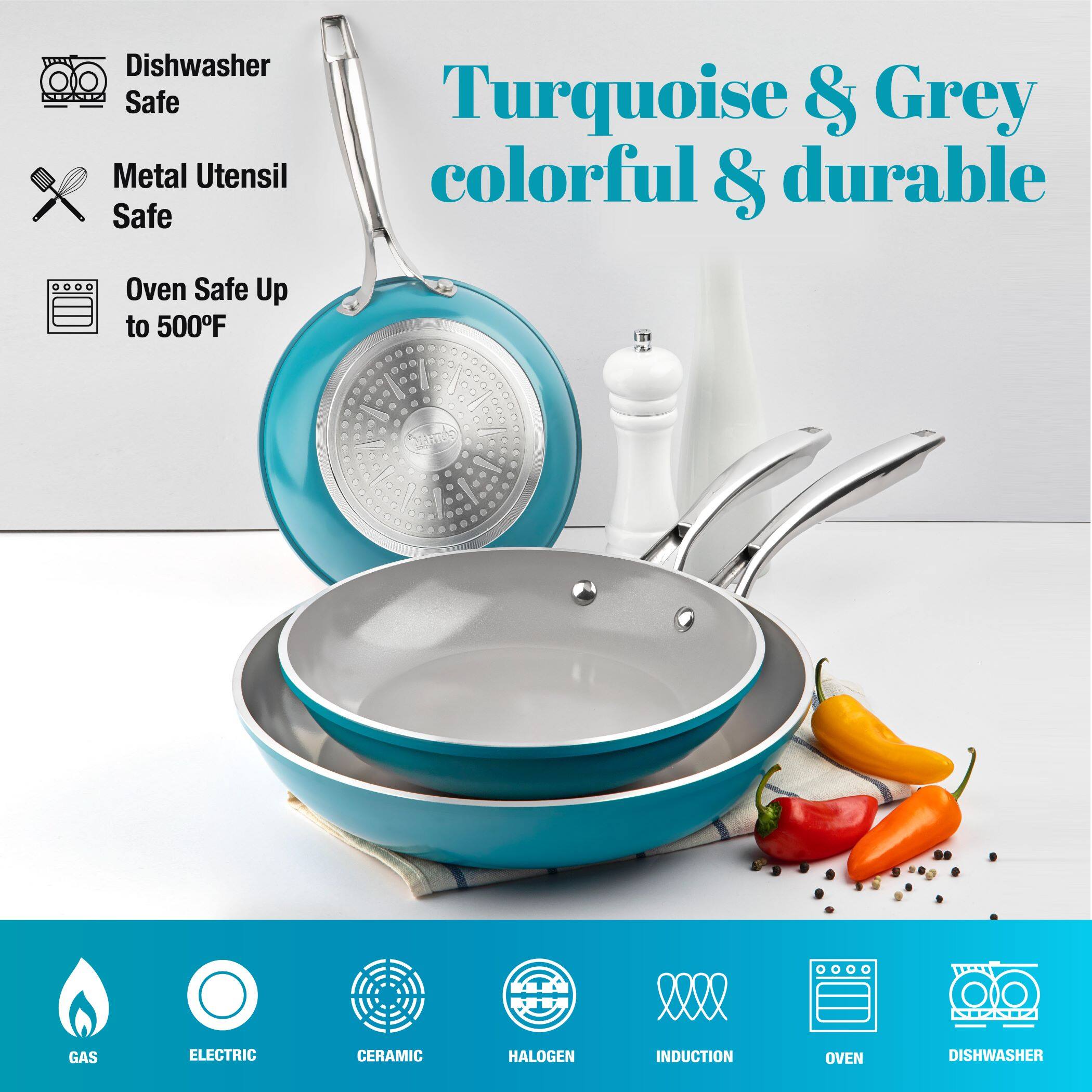 Dishwasher Safe, Metal Utensil Safe, Turquoise & Grey, colorful & durable, Oven Safe Up to 500F, 3600 GAS, ELECTRIC, CERAMIC, HALOGEN, INDUCTION, OVEN, DISHWASHER