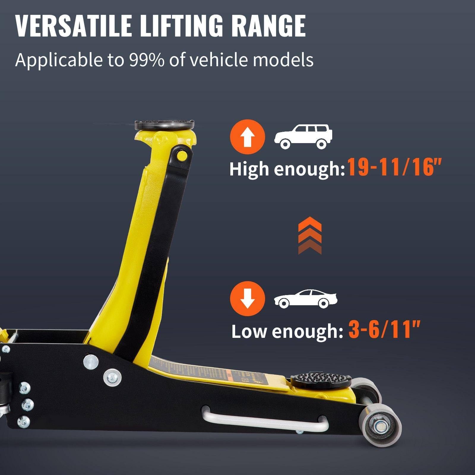 VERSATILE LIFTING RANGE  
Applicable to 99% of vehicle models  

High enough: 19-11/16"  
Low enough: 3-6/11"