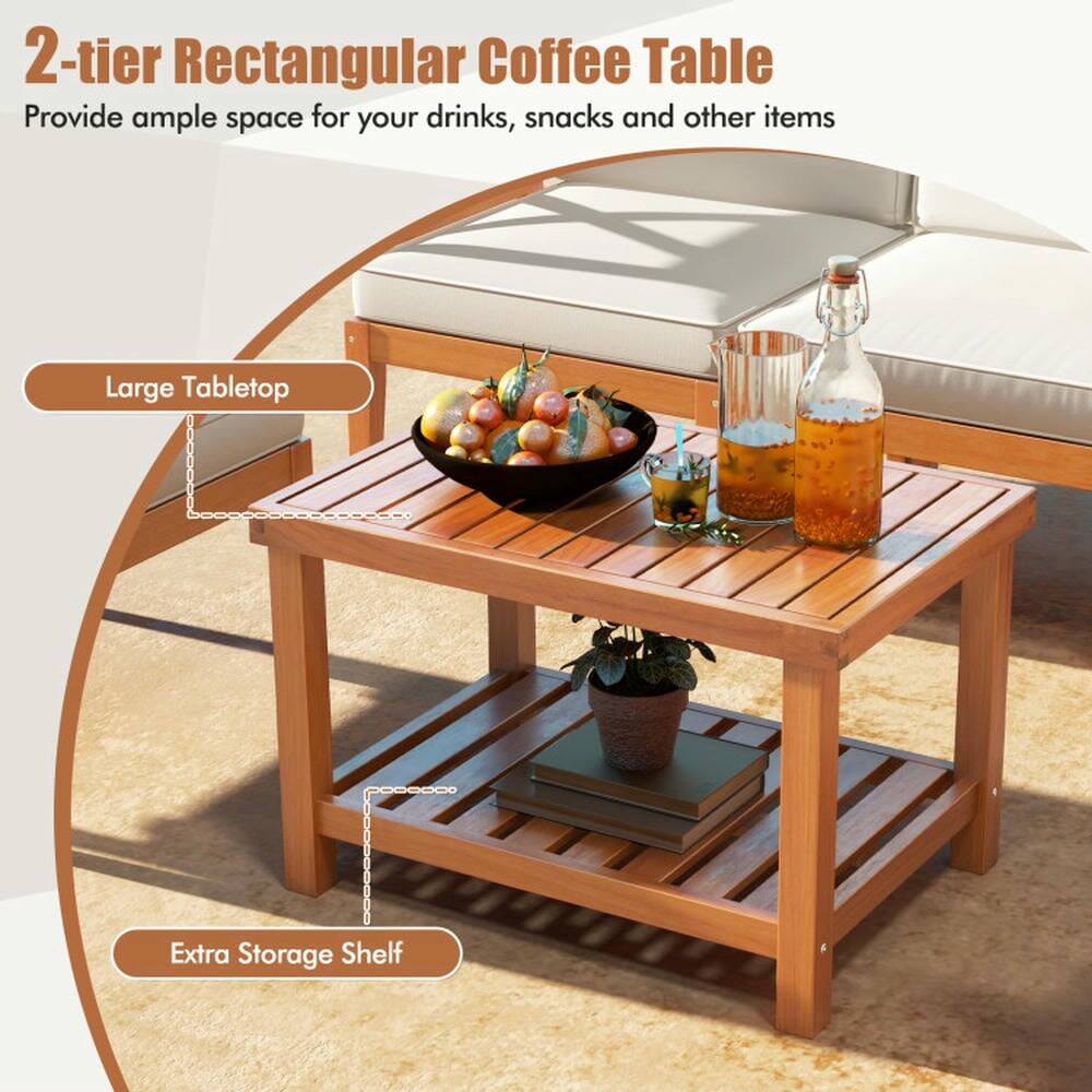 2-tier Rectangular Coffee Table  
Provide ample space for your drinks, snacks and other items  

Large Tabletop  
Extra Storage Shelf