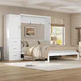 Whisen - Queen Size Murphy Bed with Wardrobe and Drawers, Space-Saving Folding Bed for Guest Room and Small Spaces - White