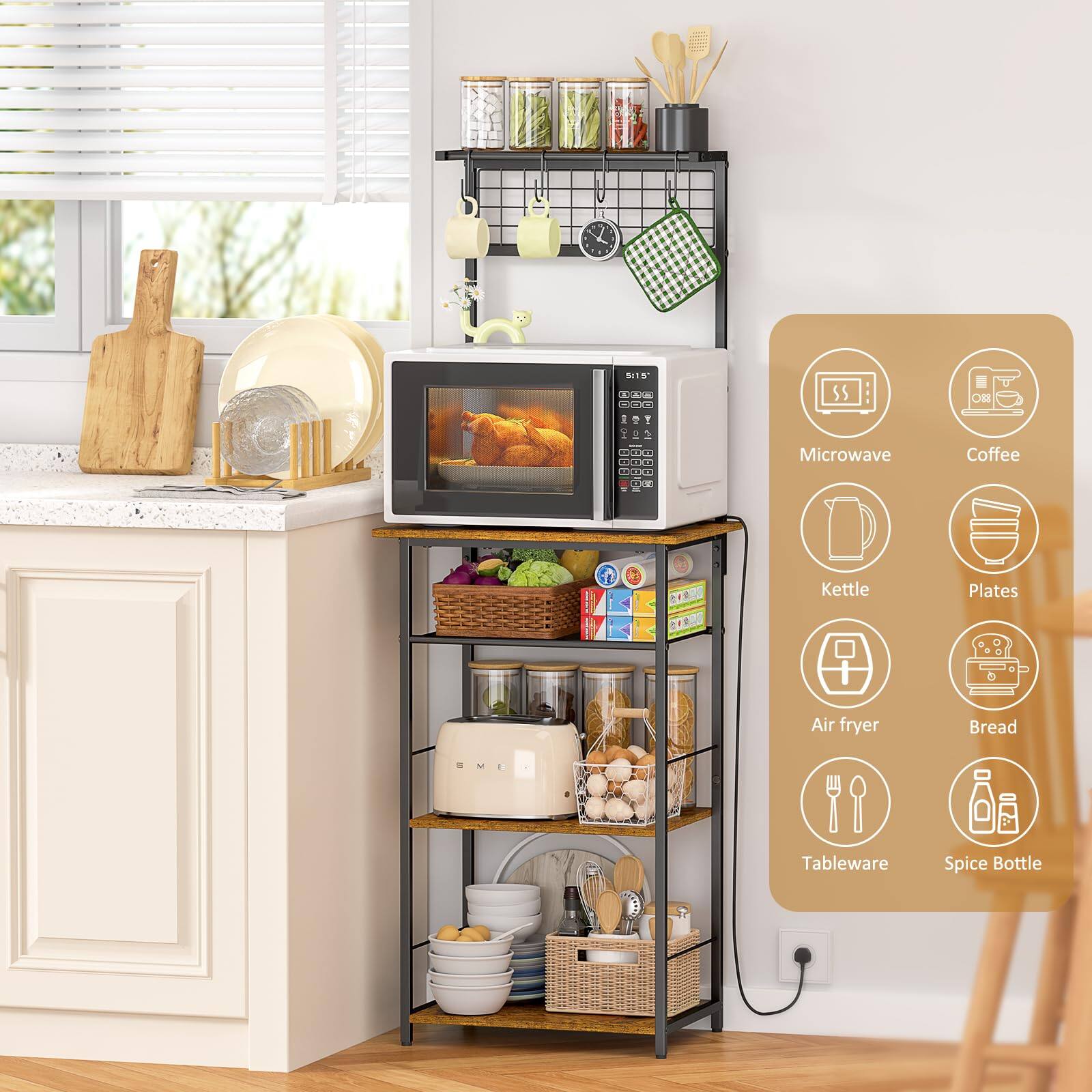Sure, here is the corrected and grouped text:

- Microwave
- Coffee
- Kettle
- Plates
- Air fryer
- Bread
- Tableware
- Spice Bottle