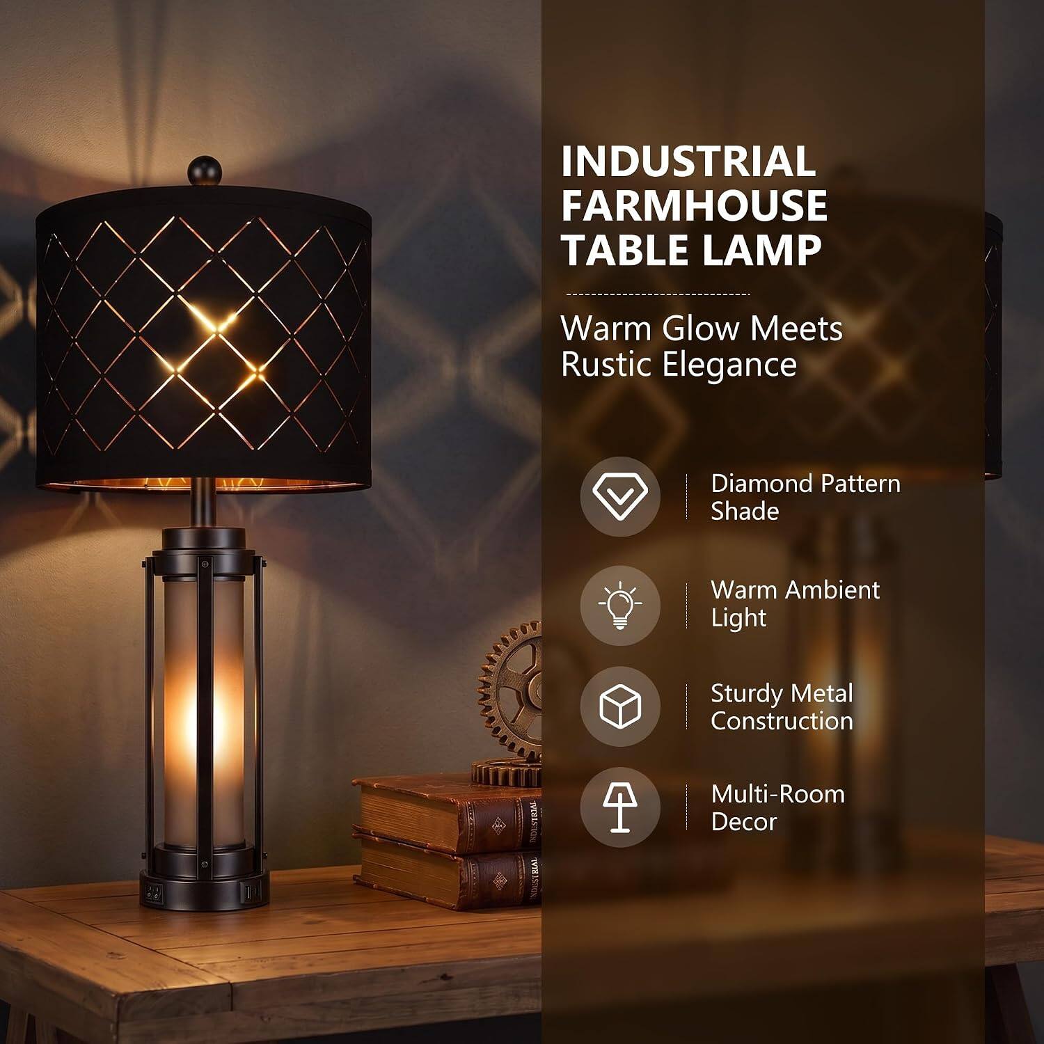 INDUSTRIAL FARMHOUSE TABLE LAMP

Warm Glow Meets Rustic Elegance

- Diamond Pattern Shade
- Warm Ambient Light
- Sturdy Metal Construction
- Multi-Room Decor