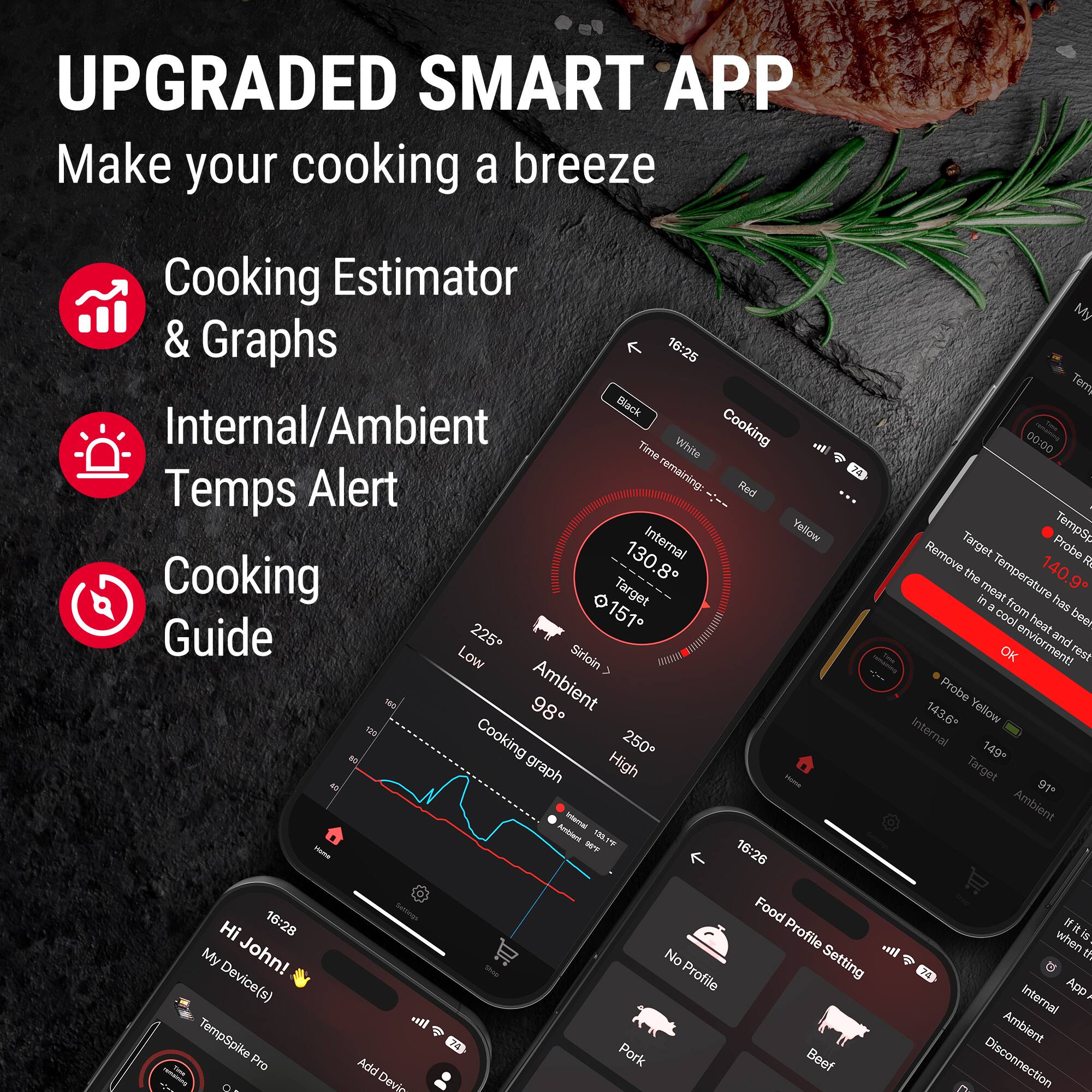 UPGRADED SMART APP  
Make your cooking a breeze

- Cooking Estimator & Graphs
- Internal/Ambient Temps Alert
- Cooking Guide

16:25  
Cooking  
Internal 130.8°  
Ambient 98°  
Target 151°  
Time remaining: 00:00

16:26  
Hi John!  
My Device(s)  
TempSpike Pro  
Add Device

Food Profile Setting  
No Profile  
Pork  
Beef