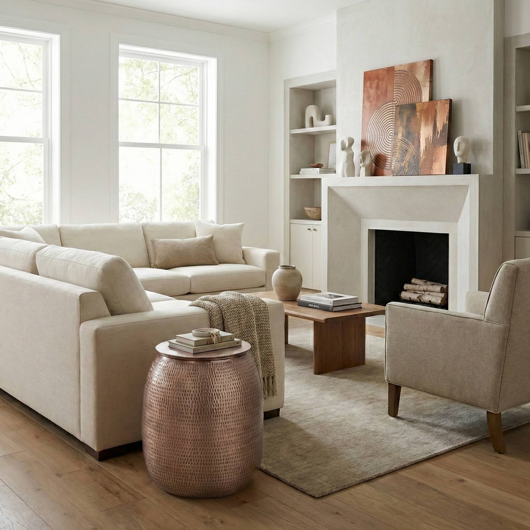 Left. Simpli Home - Griffen 19 inch Wide Solid Metal Drum Storage Accent Table, Burnished Copper - Burnished Copper.