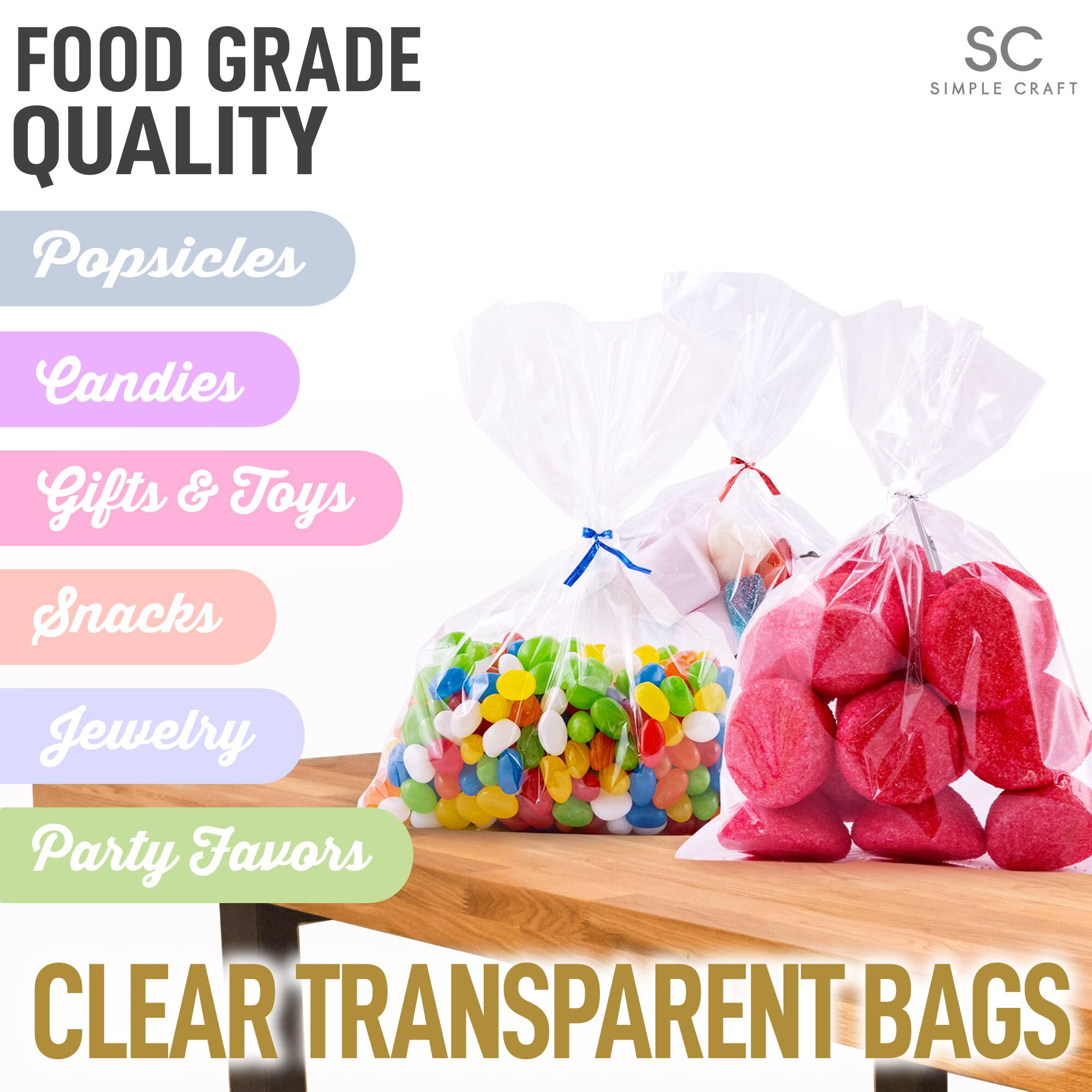FOOD GRADE QUALITY  
Popsicles  
Candies  
Gifts & Toys  
Snacks  
Jewelry  
Party Favors  

CLEAR TRANSPARENT BAGS  

SC  
SIMPLE CRAFT