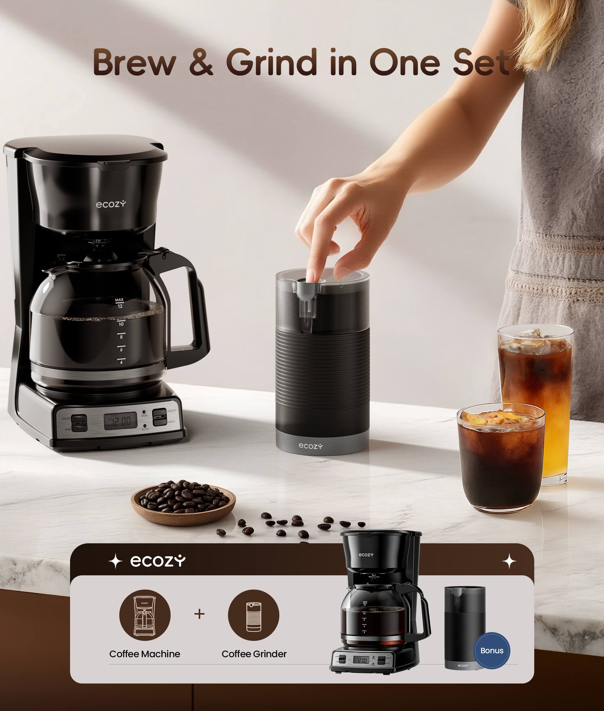 Ecozy Programmable 12 Cup Coffee Maker with Grinder, Auto Brew