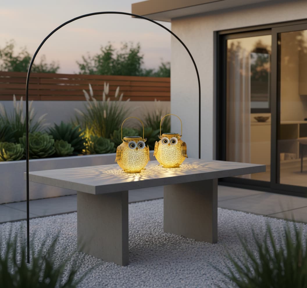 Alt View 2. FINEAK - 6" 2 Pack Owl Pattern Solar Hanging Lanterns - Waterproof Metal Garden Outdoor Lights - Gold.