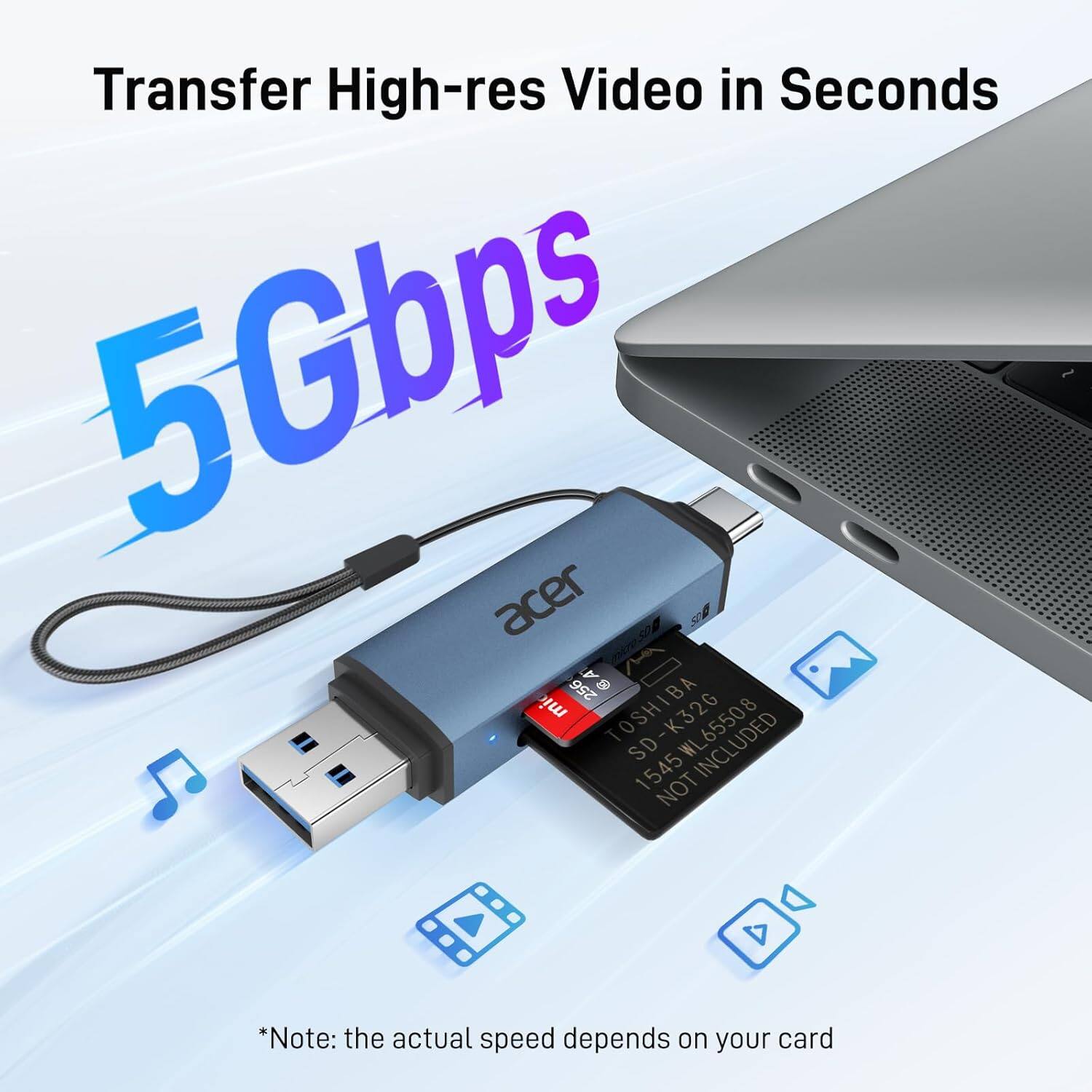 Transfer High-res Video in Seconds  
5Gbps  

acer A 256 BA mi TOSHI T SD-K32G SD WL65508 1545 NOT *Note: the actual speed depends on your card