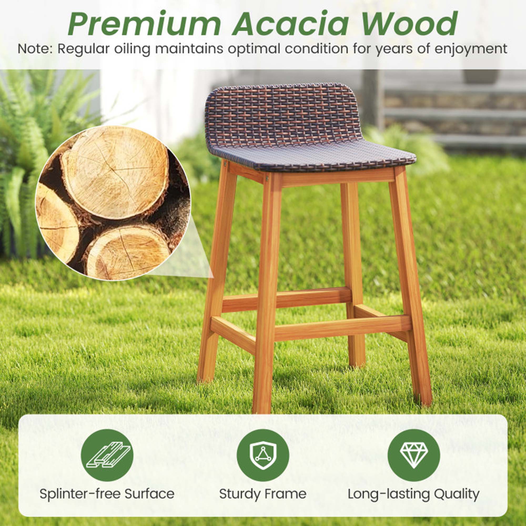 Premium Acacia Wood  
Note: Regular oiling maintains optimal condition for years of enjoyment  

- Splinter-free Surface  
- Sturdy Frame  
- Long-lasting Quality