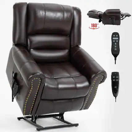 Front. LUCKY ONE - Faux Leather Dual Motor Power Lift Recliner Chair with Massage and Heat, USB, Side Pocket, Infinite Position - Antique Brown.