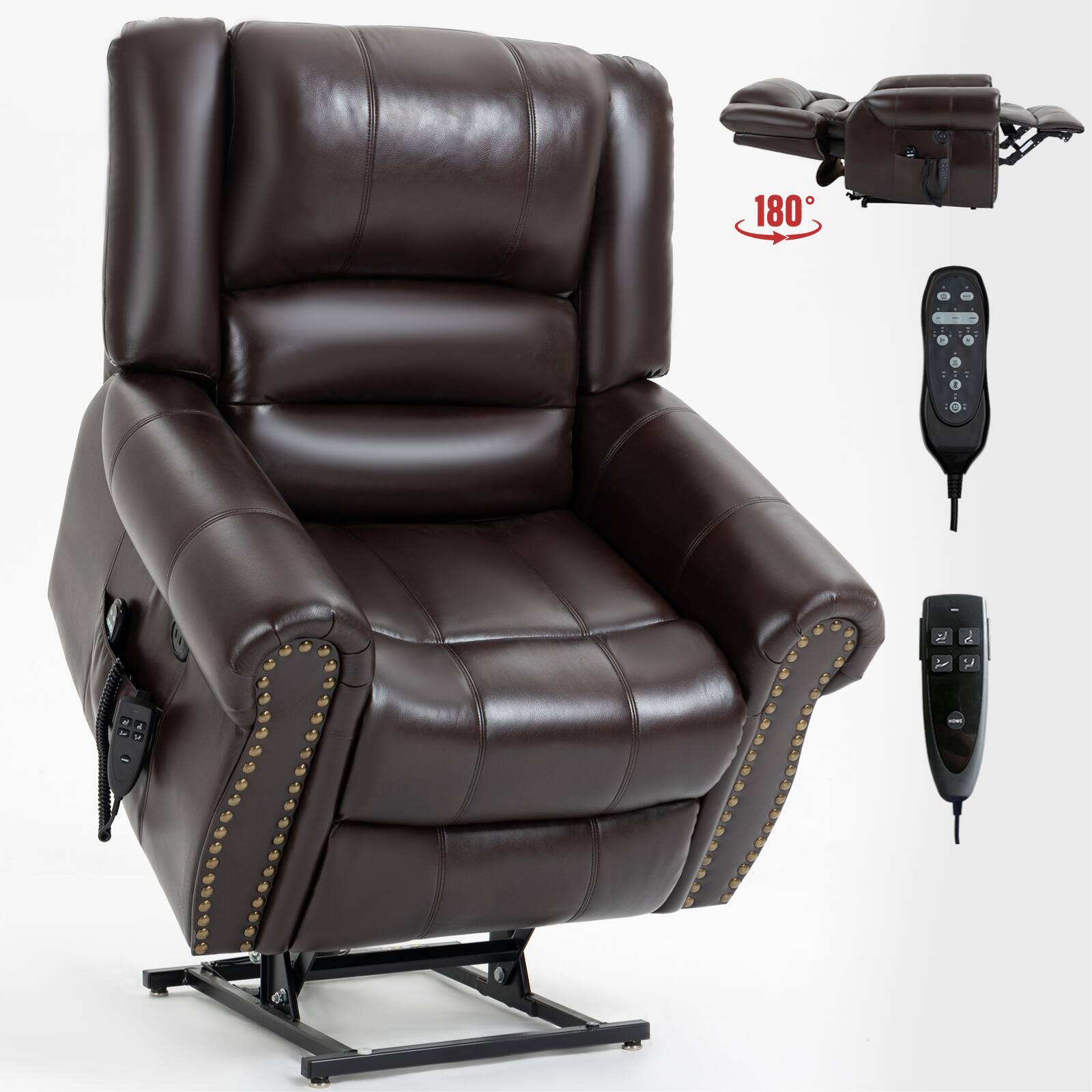 Front. LUCKY ONE - Faux Leather Dual Motor Power Lift Recliner Chair with Massage and Heat, USB, Side Pocket, Infinite Position - Antique Brown.
