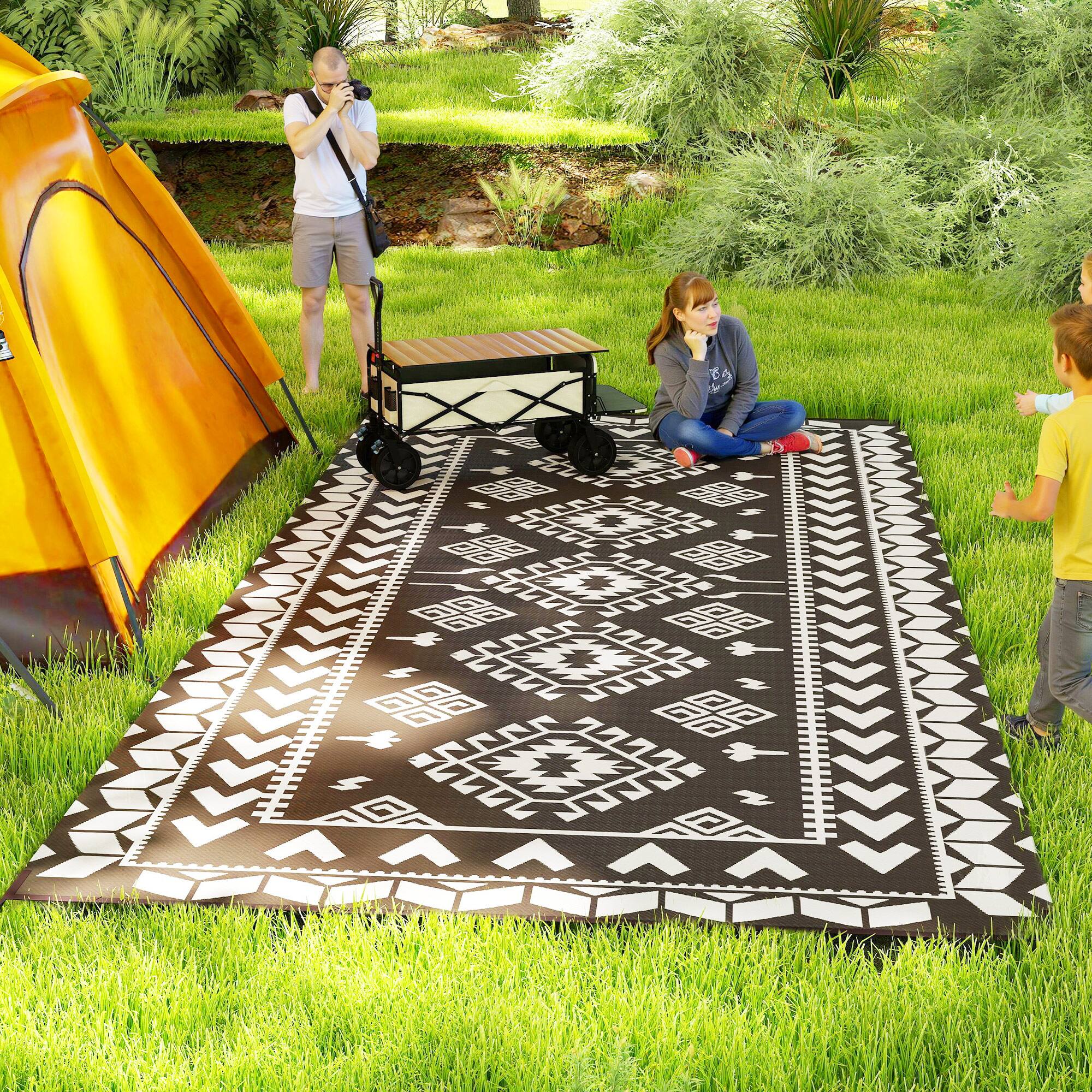 Alt View 1. Outsunny - Outdoor Rug for Patio, 9' x 18' Waterproof Large Mat, Reversible Plastic Straw Rug for Décor - Black and White Rhombus Patchwork.