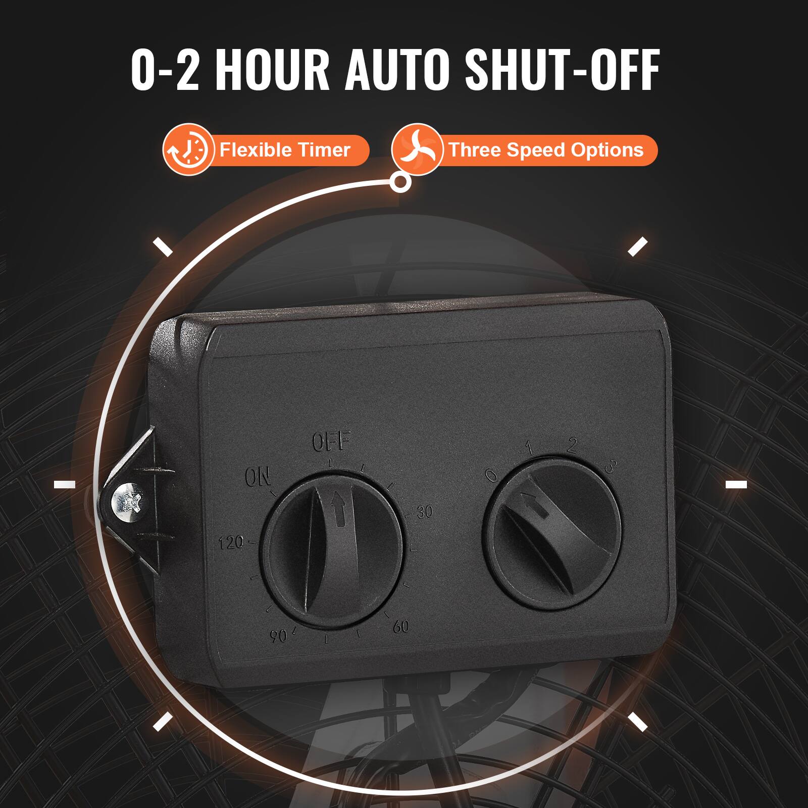 0-2 HOUR AUTO SHUT-OFF

Flexible Timer

Three Speed Options

ON OFF

1 2 & 120 90 60