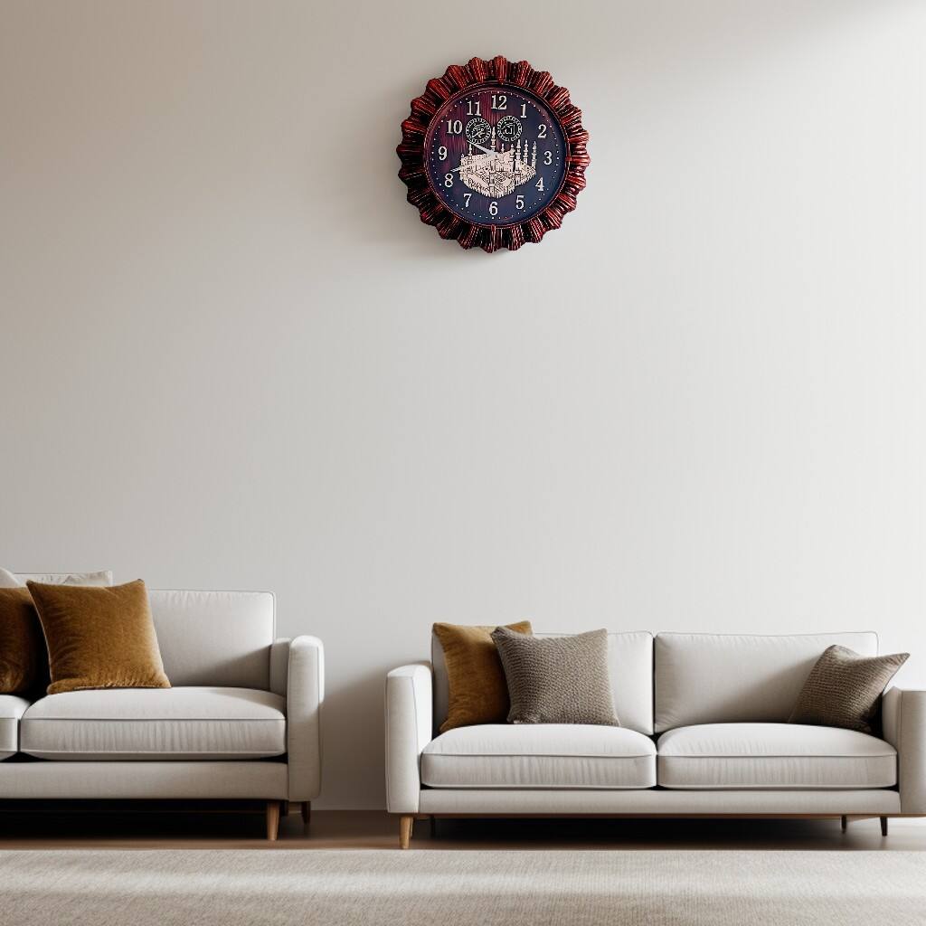 Angle. FC Design - 14"H Brown Wooden Texture Ornate Islamic Themed Wall Clock - Multicolor.