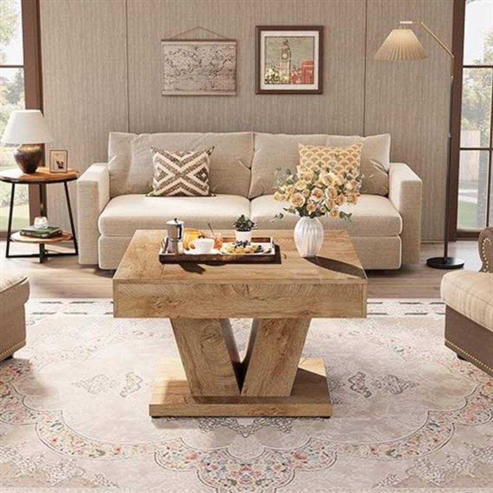 Left. Hivvago - Modern Farmhouse Style Square Coffee Table in Natural Wood Finish - Natural.