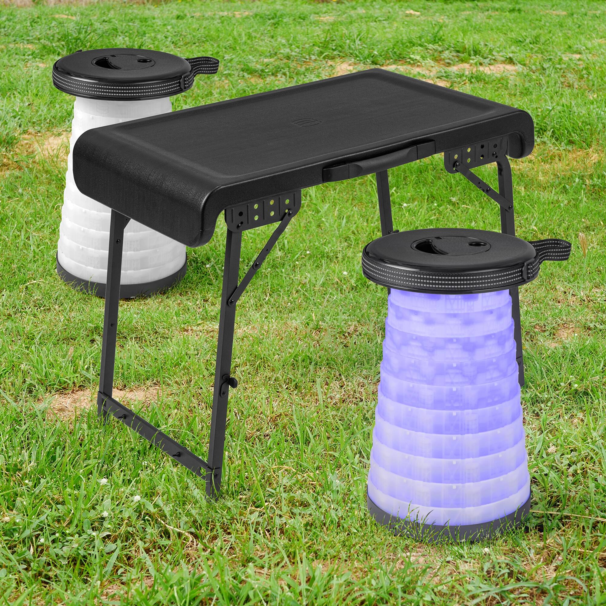 Alt View 1. Costway - 3-Piece Folding Table Stool Set with a Camping Table & 2 Retractable LED Stools - Black+White.