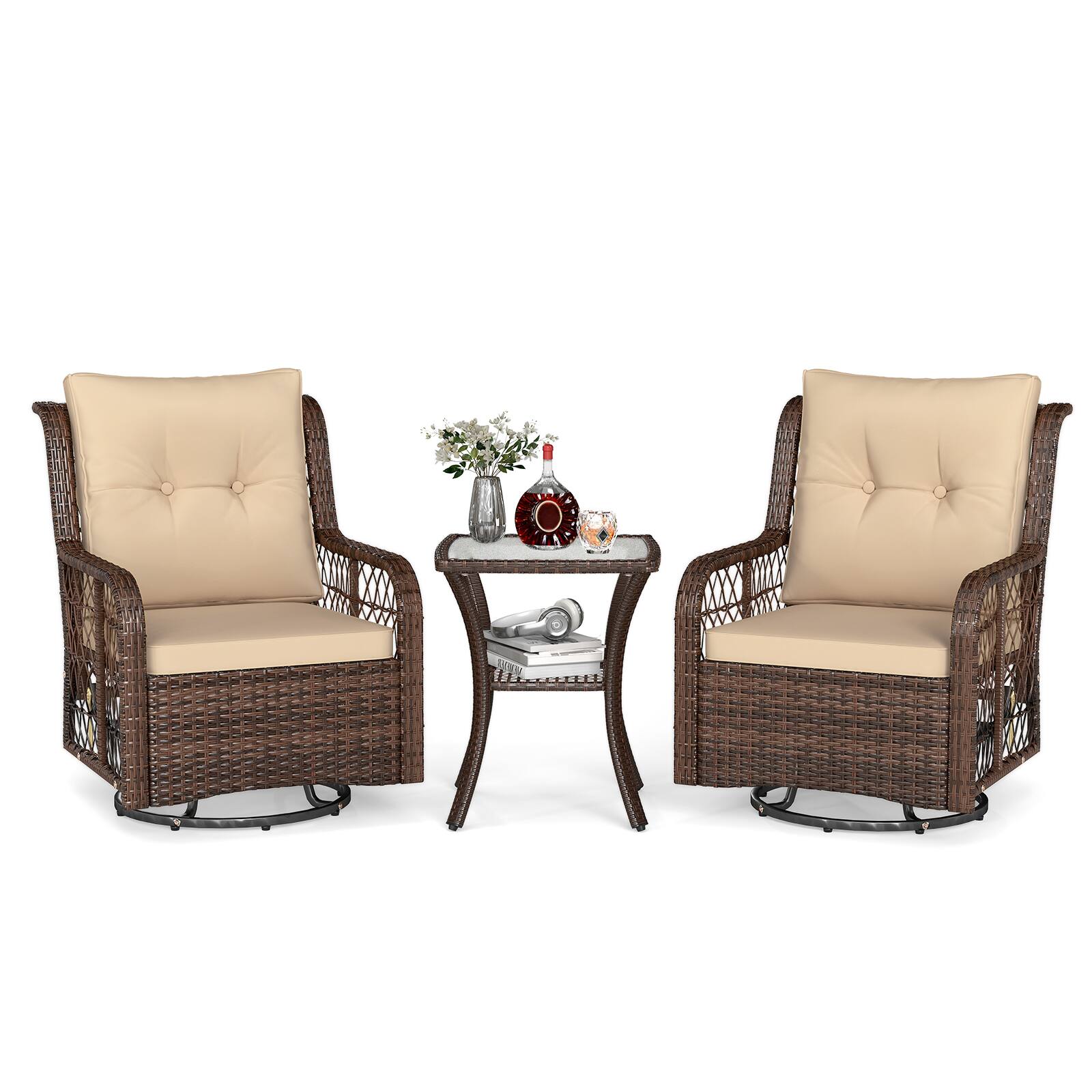 Alt View 3. Gymax - Gymax Set Of 3 Patio Furniture w/ 2-Tier Side Table & Cushions for Porch Brown - Mix Brown, Brown.