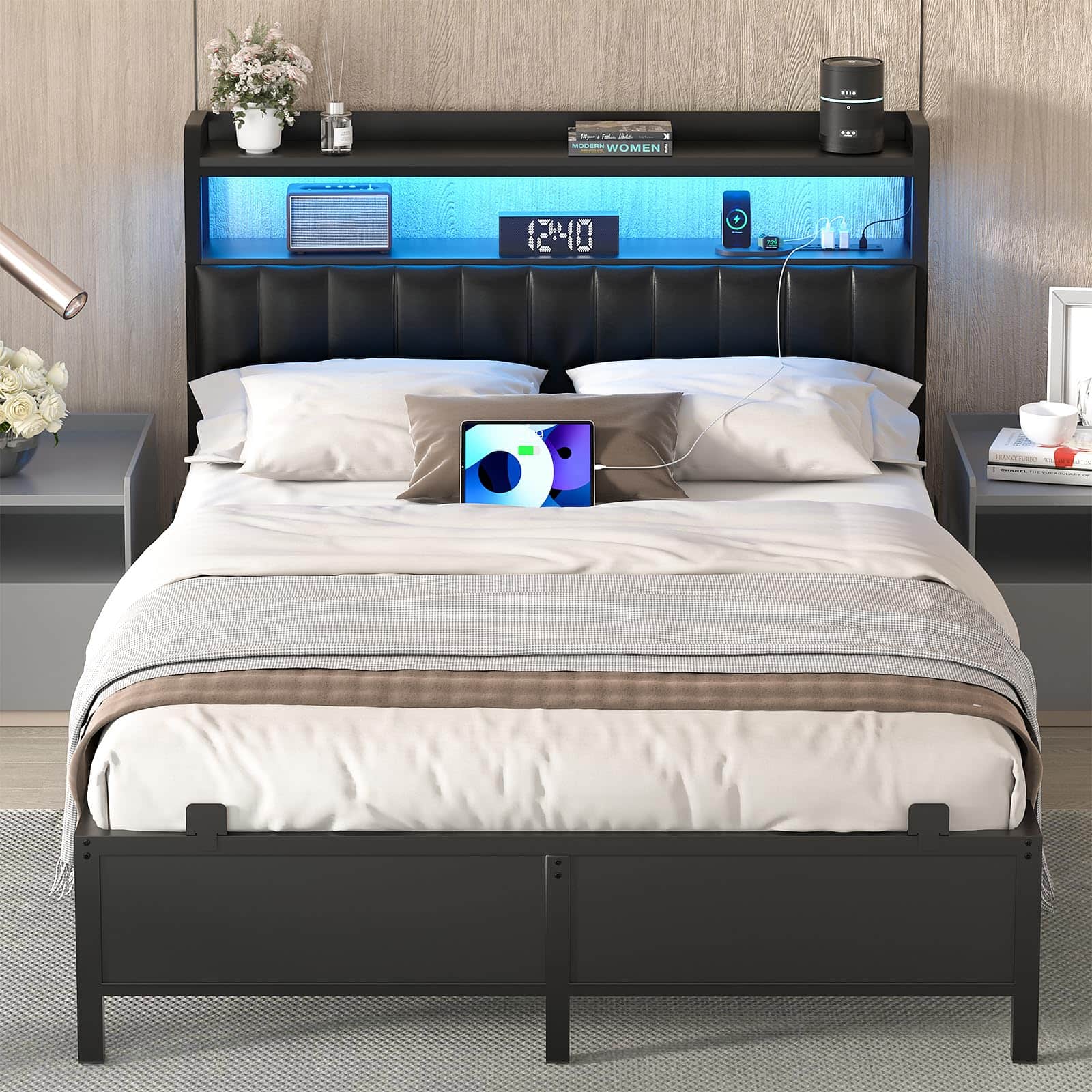 Aheaplus - Upholstered Faux Leather Bed Frame: Charging Station, Adjustable Headboard, LED Lights & Steel Slat Support - Black