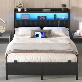 Aheaplus - Upholstered Faux Leather Bed Frame: Charging Station, Adjustable Headboard, LED Lights & Steel Slat Support - Black
