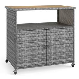 Costway - Outdoor Storage Cabinet with Acacia Wood Top 2 Doors Buffet Cabinet Sideboard - Mix Gray