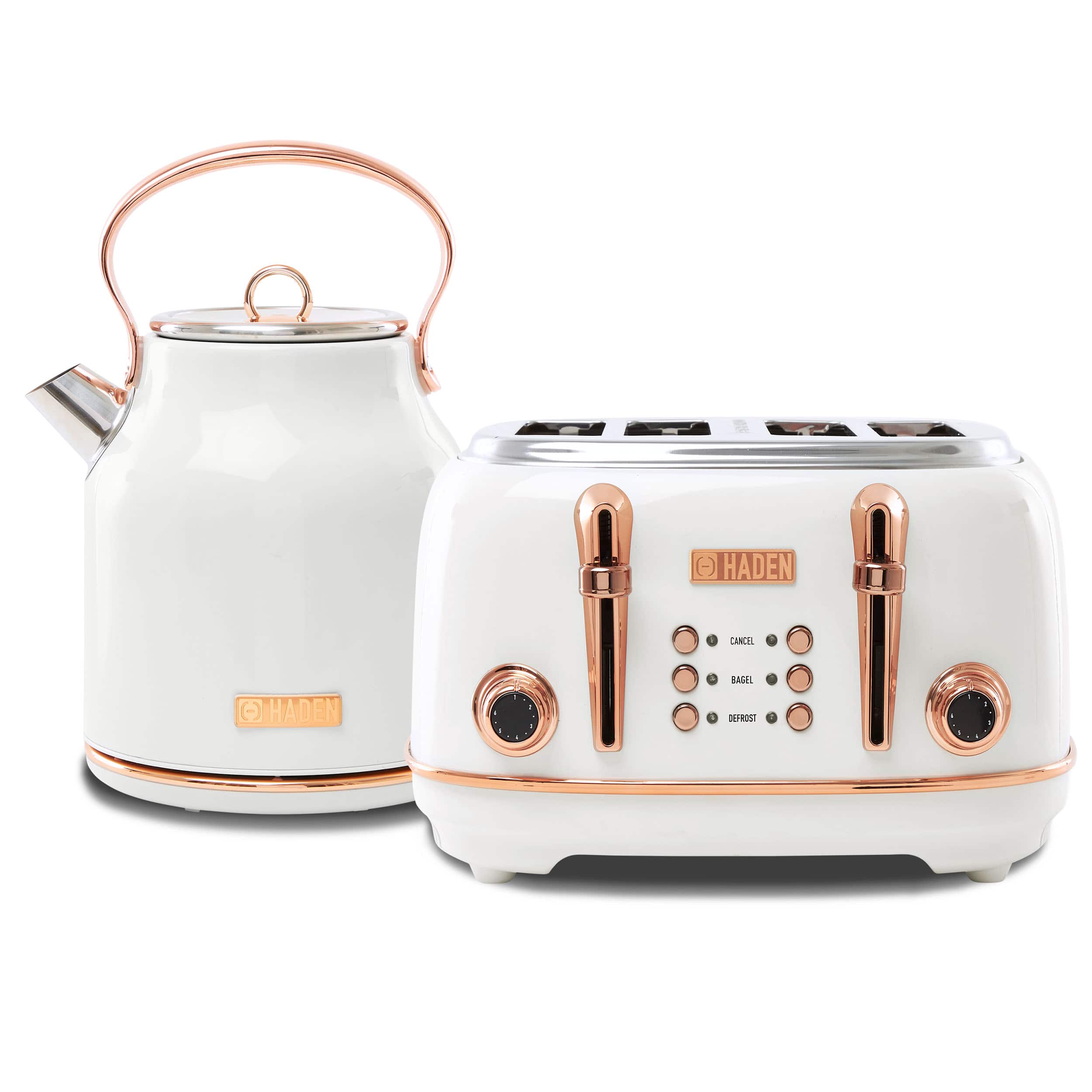 Haden - Heritage 4 Slice Wide Slot Toaster & Electric Water Kettle, Ivory & Copper - Ivory, Copper