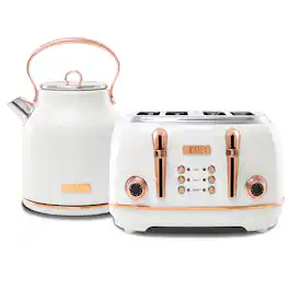 Haden - Heritage 4 Slice Wide Slot Toaster & Electric Water Kettle, Ivory & Copper - Ivory, Copper