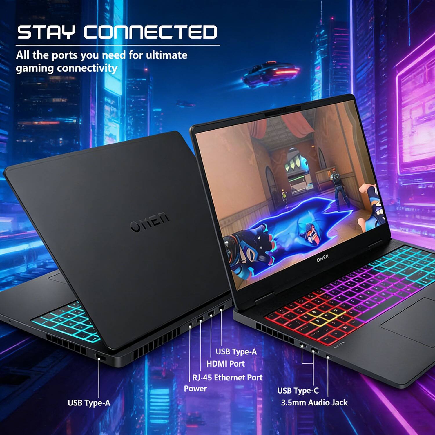 STAY CONNECTED  
All the ports you need for ultimate gaming connectivity  

- USB Type-A  
- HDMI Port  
- RJ-45 Ethernet Port  
- Power  
- USB Type-C  
- 3.5mm Audio Jack