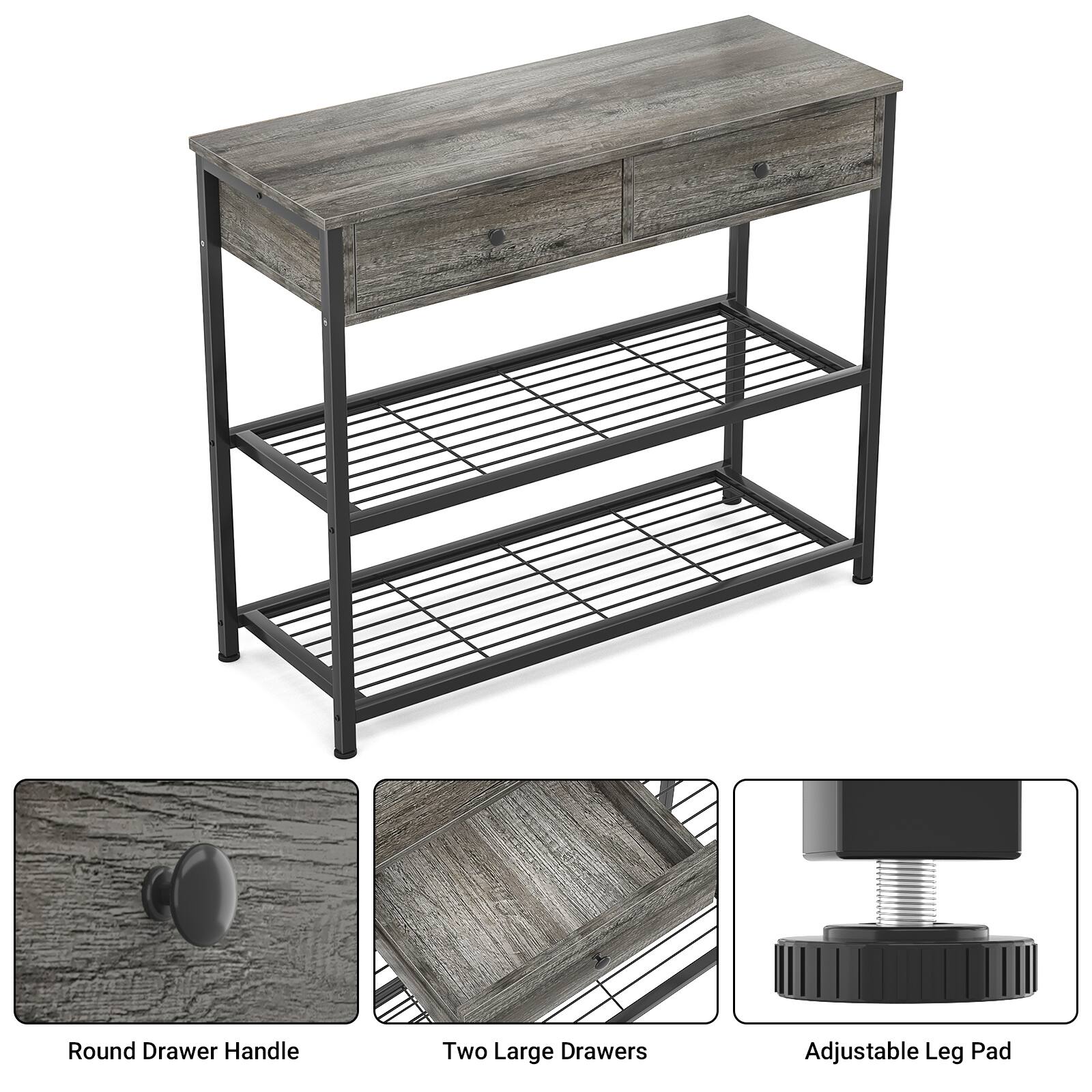 Round Drawer Handle  
Two Large Drawers  
Adjustable Leg Pad