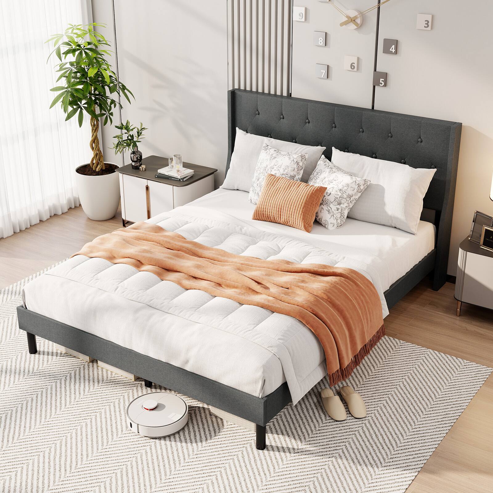 Alt View 5. LUCKY ONE - Queen Assembled Upholstered Bed Frame with Button Tufted Wingback Headboard Wooden Slats 800 lbs - Dark Gray.